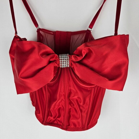 Victorias Secret Red Cupped Bow Bra Top 34C Corset Bustier Rhinestone NEW! - Picture 5 of 10
